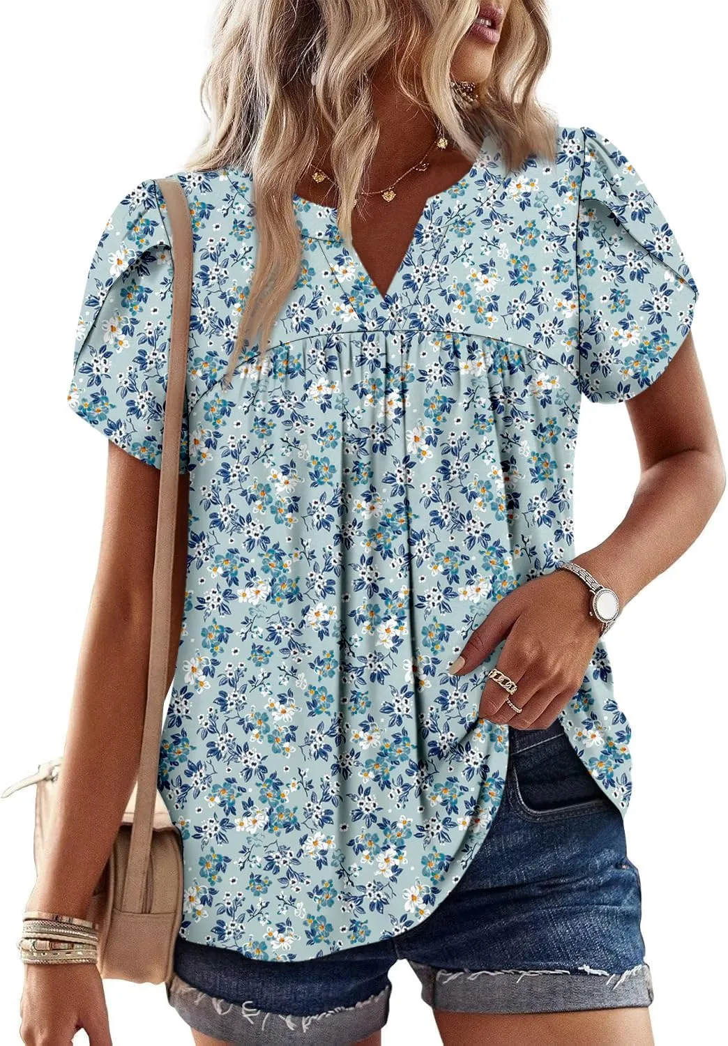 Angerella Womens Tunic Top T Shirts V Neck Short Sleeve Floral Print Trendy Dressy Casual Elegant Pleated Front Blouse