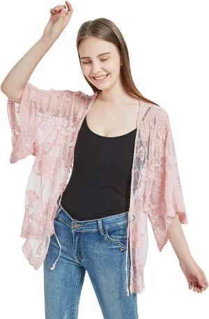 Anna-Kaci Womens Long Embroidered Lace Kimono Cardigan with Half Sleeves