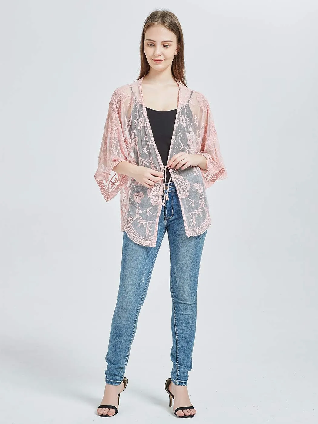 Anna-Kaci Womens Long Embroidered Lace Kimono Cardigan with Half Sleeves