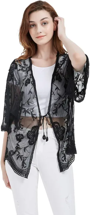 Anna-Kaci Womens Long Embroidered Lace Kimono Cardigan with Half Sleeves