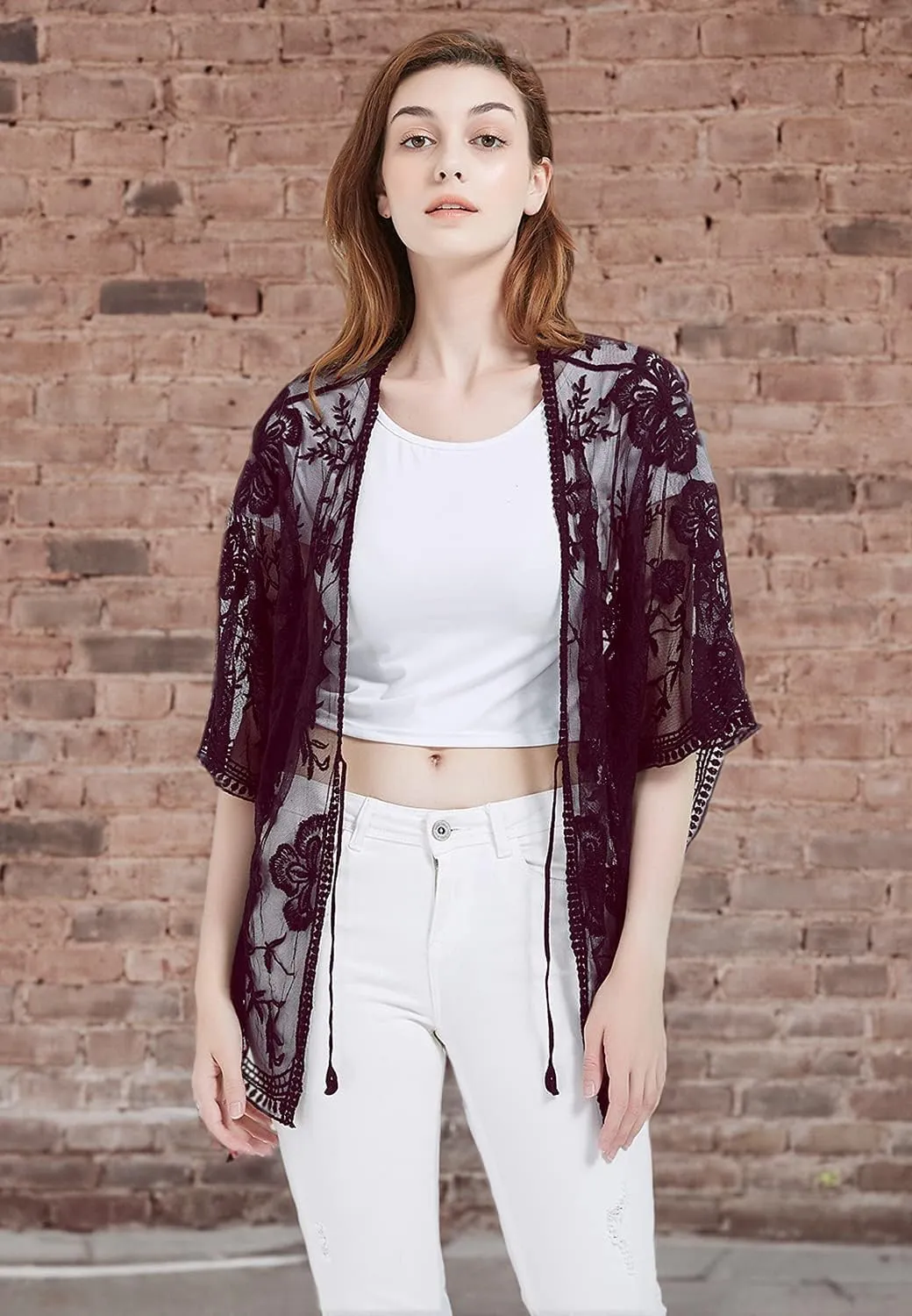 Anna-Kaci Womens Long Embroidered Lace Kimono Cardigan with Half Sleeves