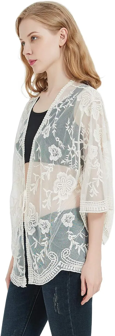 Anna-Kaci Womens Long Embroidered Lace Kimono Cardigan with Half Sleeves