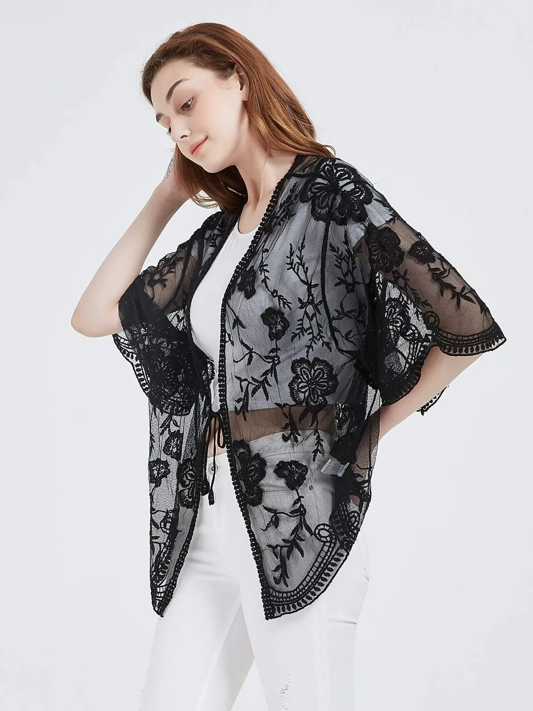 Anna-Kaci Womens Long Embroidered Lace Kimono Cardigan with Half Sleeves