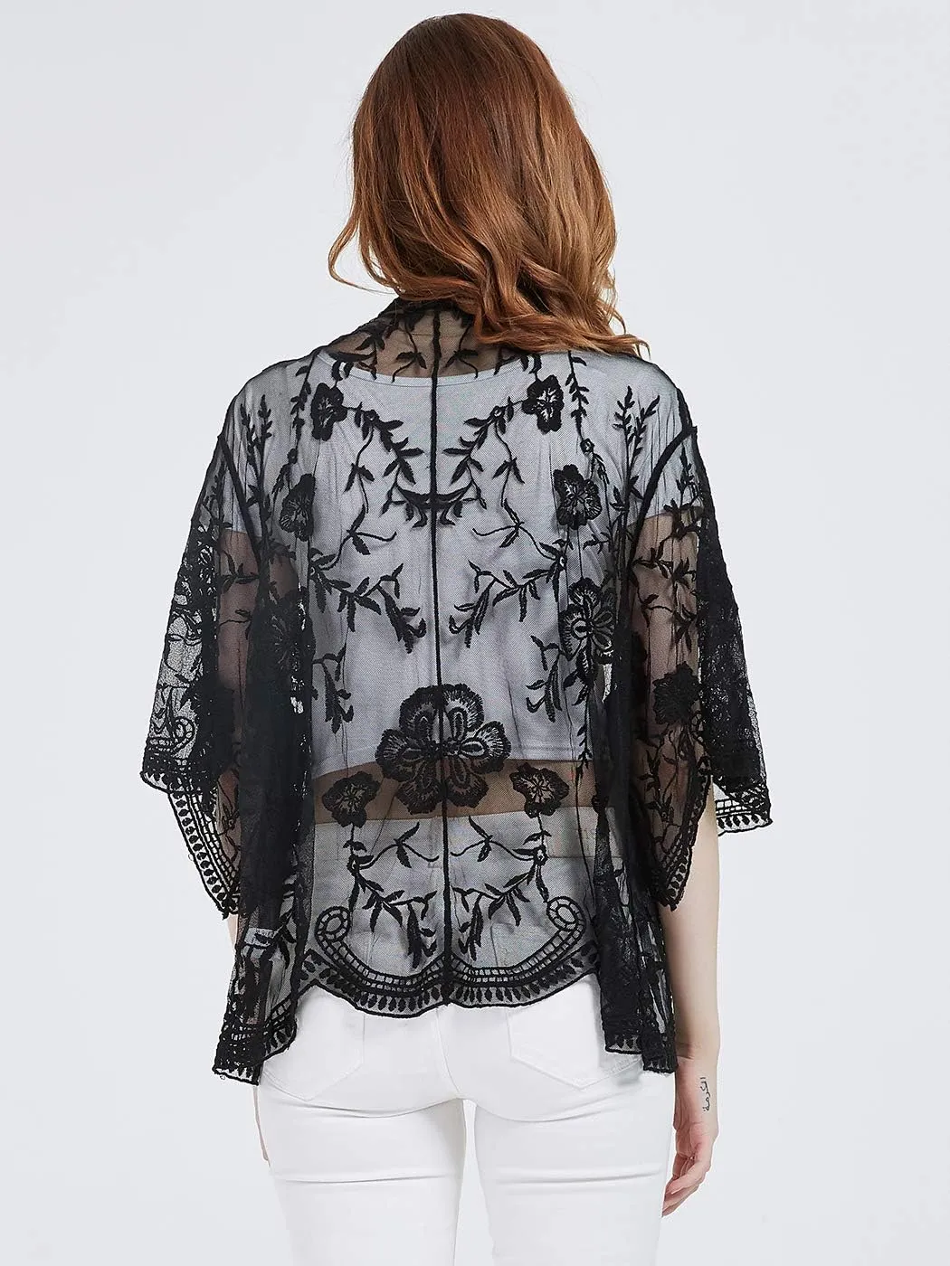 Anna-Kaci Womens Long Embroidered Lace Kimono Cardigan with Half Sleeves