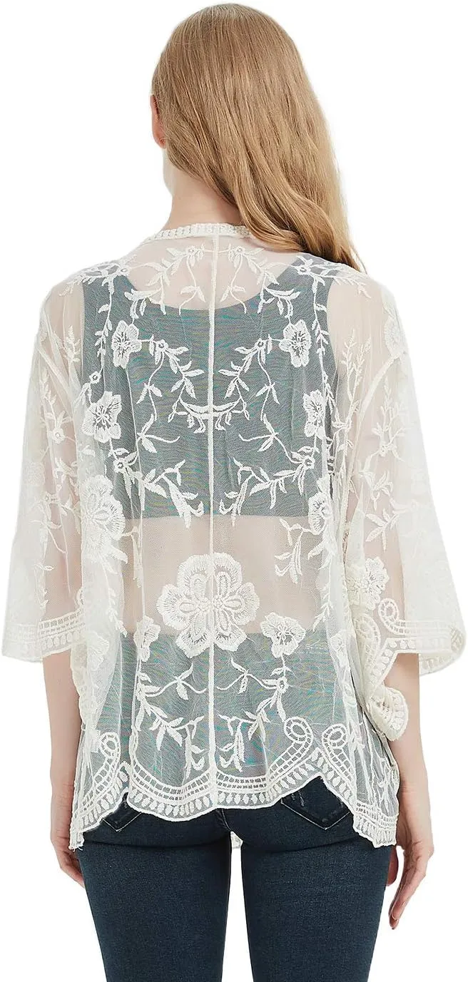 Anna-Kaci Womens Long Embroidered Lace Kimono Cardigan with Half Sleeves