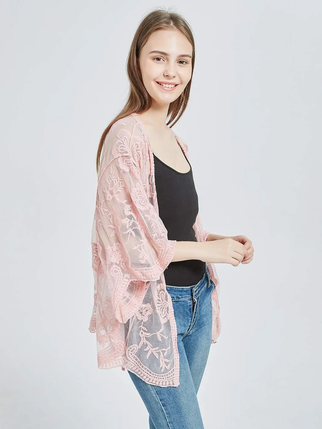 Anna-Kaci Womens Long Embroidered Lace Kimono Cardigan with Half Sleeves