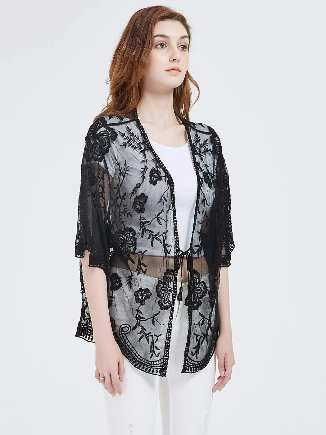 Anna-Kaci Womens Long Embroidered Lace Kimono Cardigan with Half Sleeves