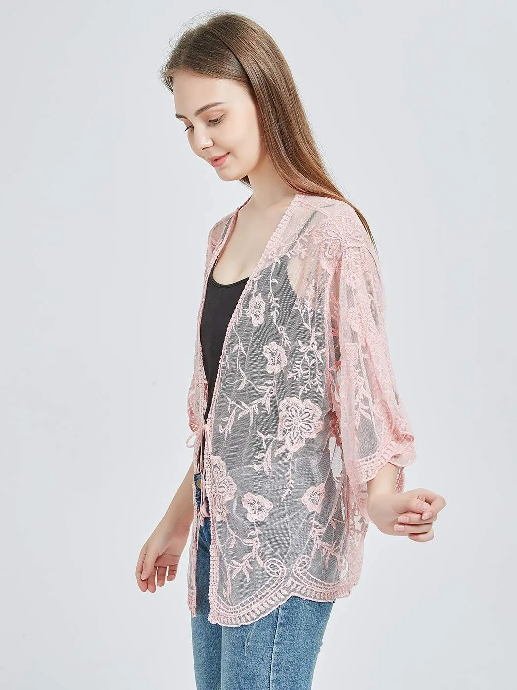 Anna-Kaci Womens Long Embroidered Lace Kimono Cardigan with Half Sleeves