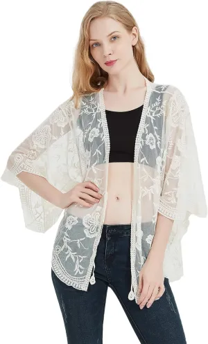Anna-Kaci Womens Long Embroidered Lace Kimono Cardigan with Half Sleeves
