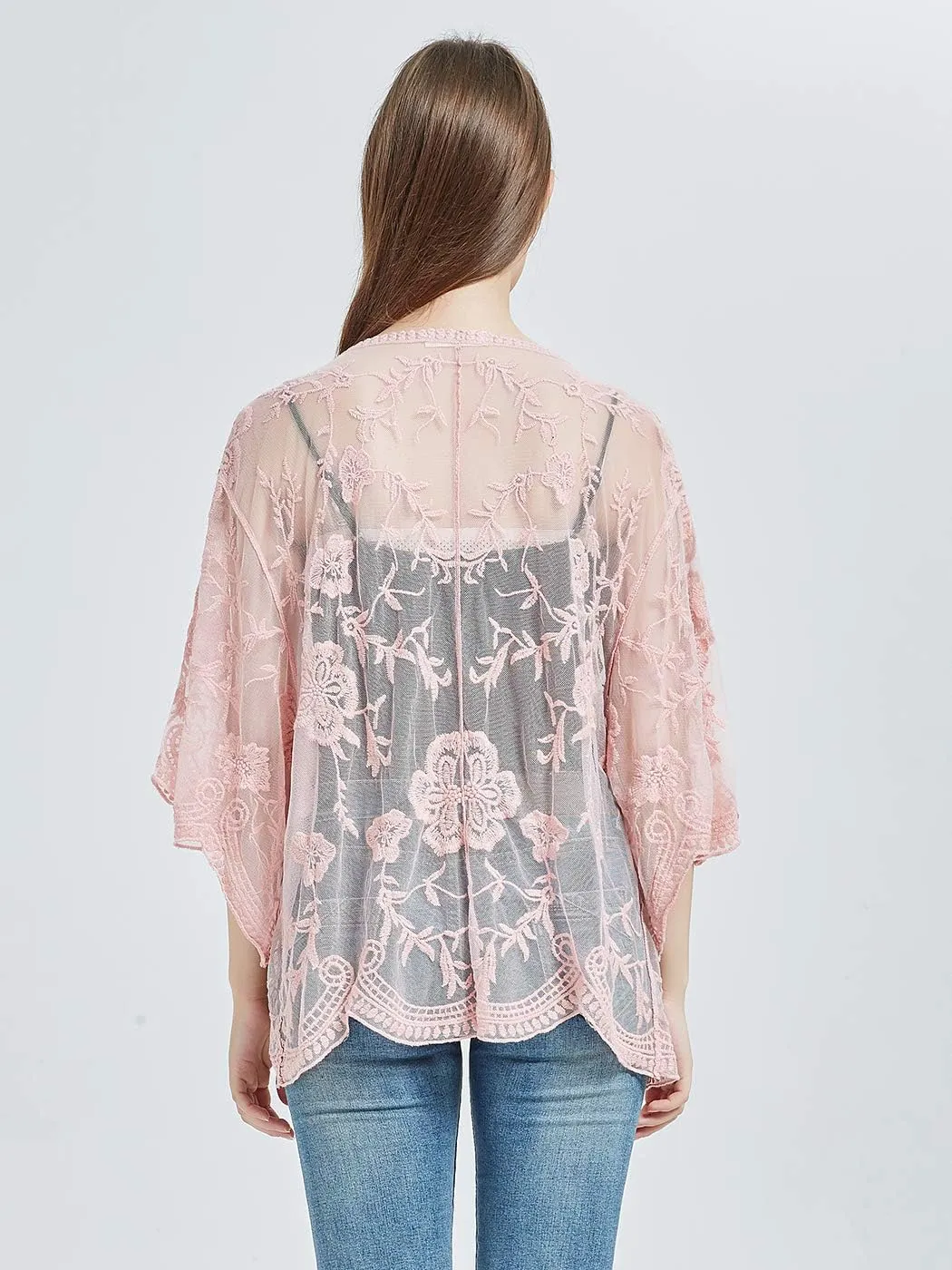 Anna-Kaci Womens Long Embroidered Lace Kimono Cardigan with Half Sleeves