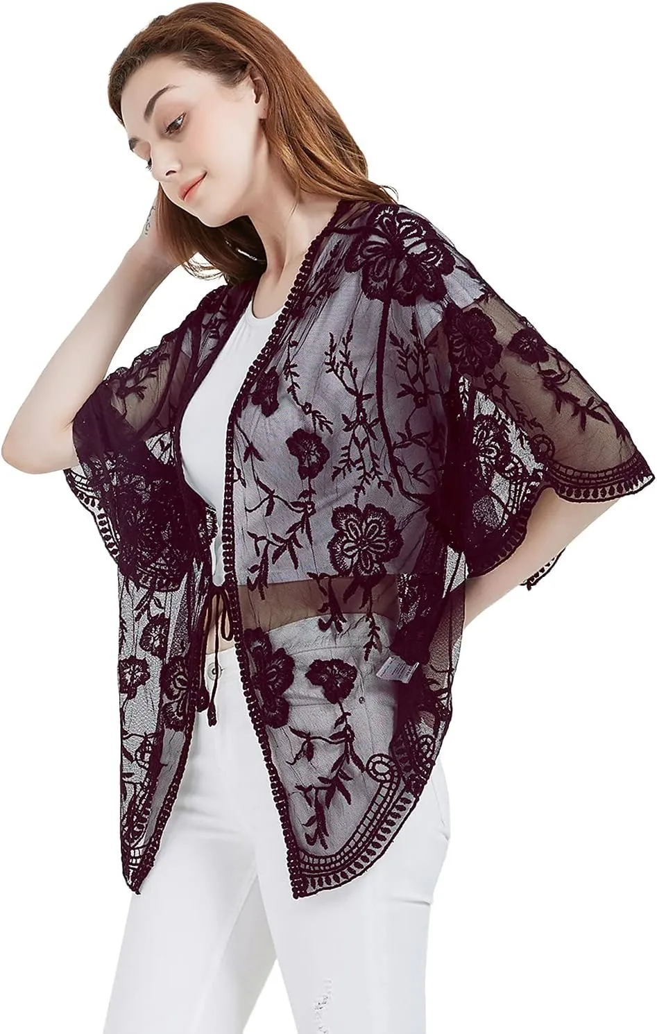 Anna-Kaci Womens Long Embroidered Lace Kimono Cardigan with Half Sleeves