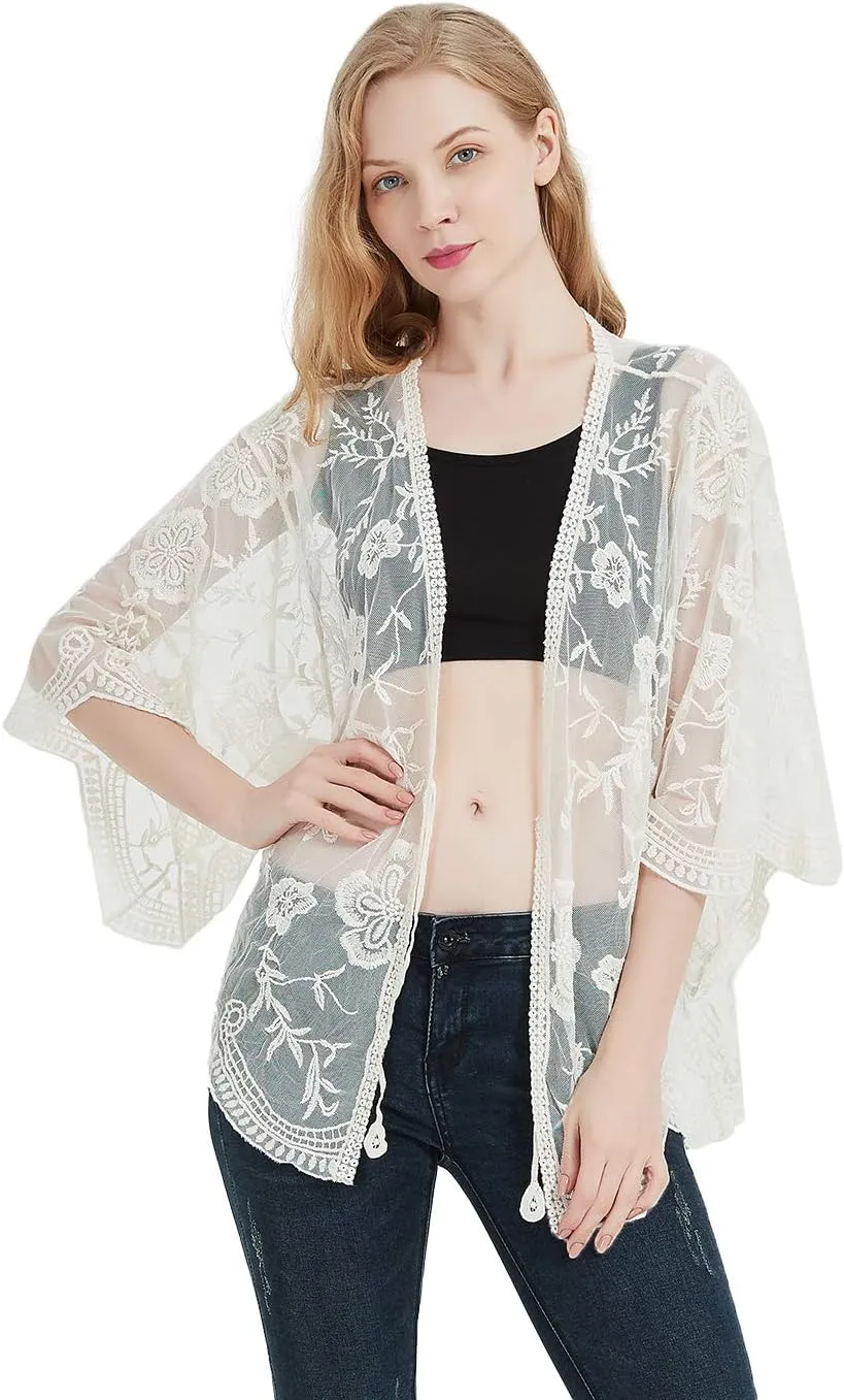 Anna-Kaci Womens Long Embroidered Lace Kimono Cardigan with Half Sleeves