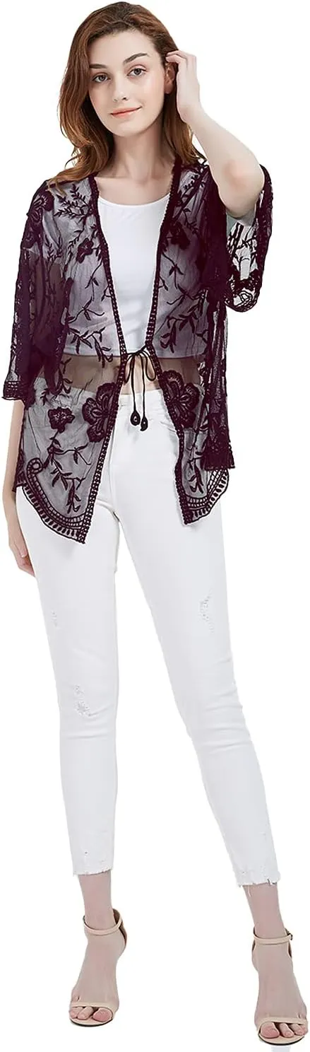 Anna-Kaci Womens Long Embroidered Lace Kimono Cardigan with Half Sleeves