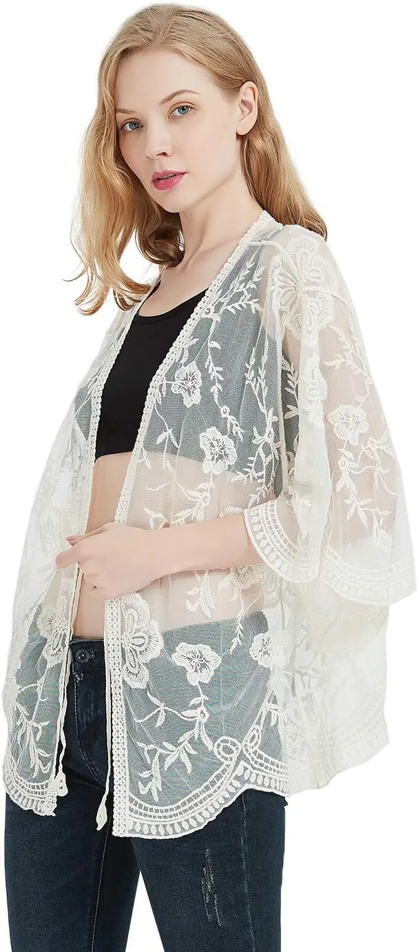Anna-Kaci Womens Long Embroidered Lace Kimono Cardigan with Half Sleeves