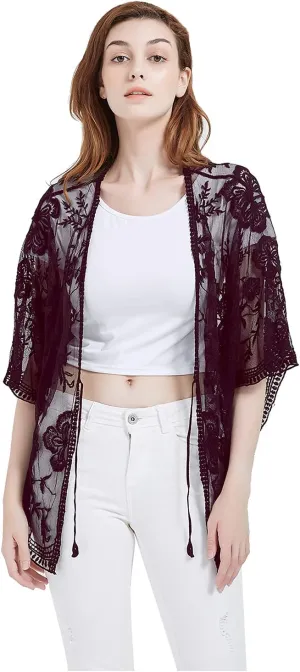 Anna-Kaci Womens Long Embroidered Lace Kimono Cardigan with Half Sleeves