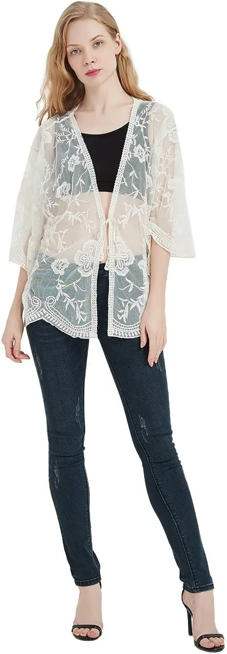 Anna-Kaci Womens Long Embroidered Lace Kimono Cardigan with Half Sleeves