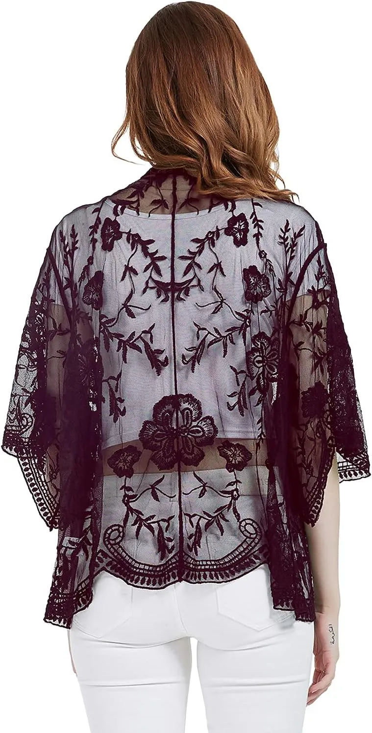 Anna-Kaci Womens Long Embroidered Lace Kimono Cardigan with Half Sleeves