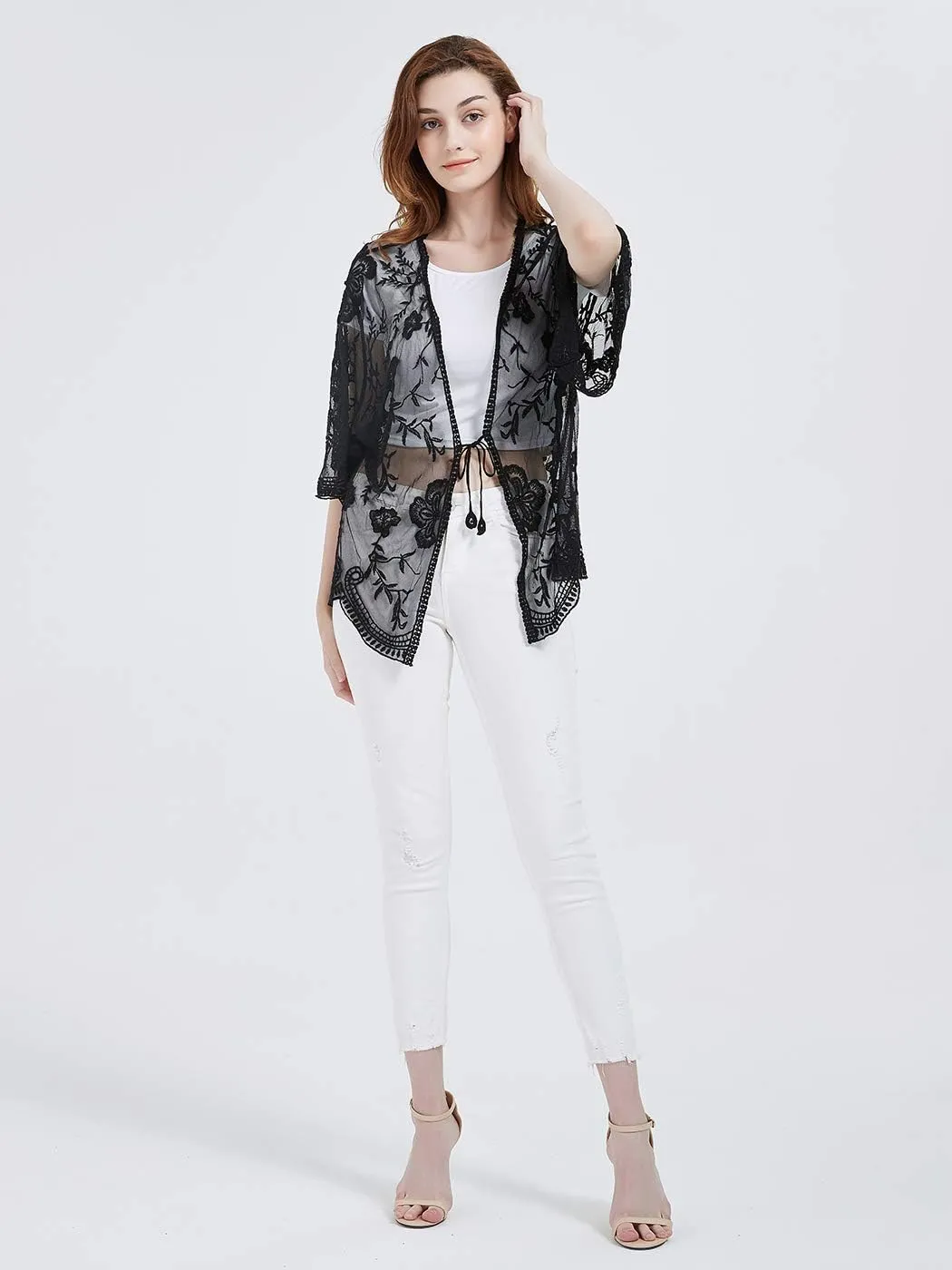 Anna-Kaci Womens Long Embroidered Lace Kimono Cardigan with Half Sleeves