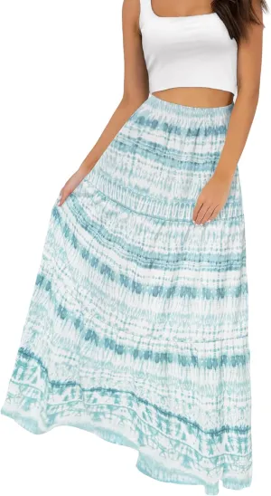 Annebouti Womens Spring Summer Boho Elastic Long Skirts High Waist Pleated A Line Tiered White or Black Maxi Skirt