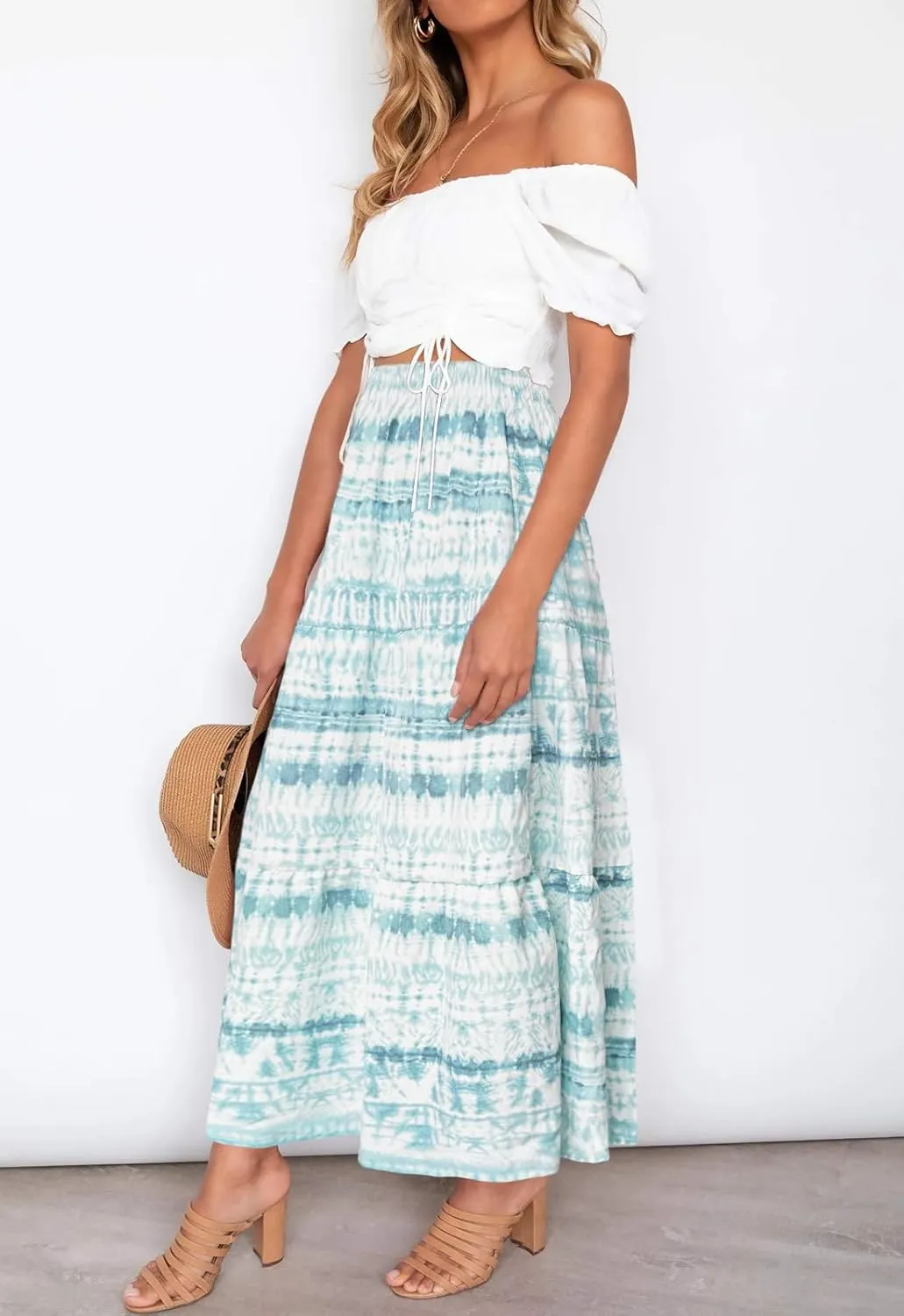 Annebouti Womens Spring Summer Boho Elastic Long Skirts High Waist Pleated A Line Tiered White or Black Maxi Skirt