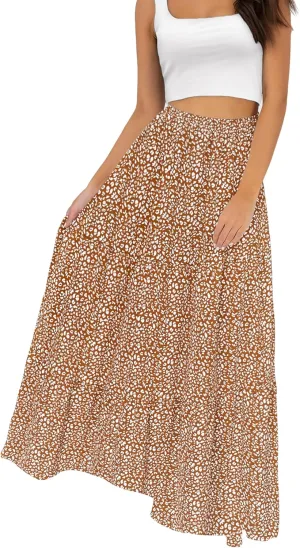 Annebouti Womens Spring Summer Boho Elastic Long Skirts High Waist Pleated A Line Tiered White or Black Maxi Skirt