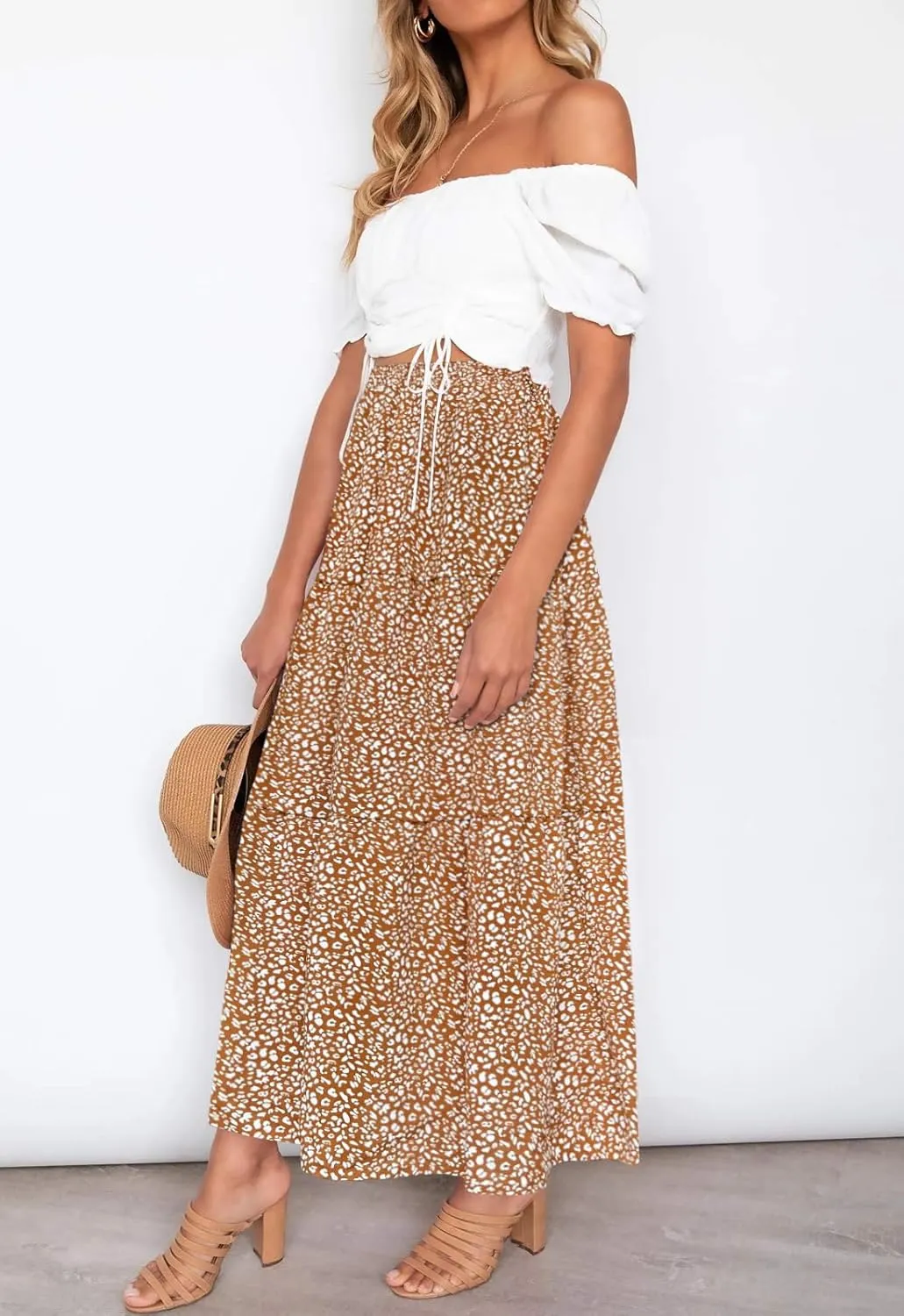Annebouti Womens Spring Summer Boho Elastic Long Skirts High Waist Pleated A Line Tiered White or Black Maxi Skirt