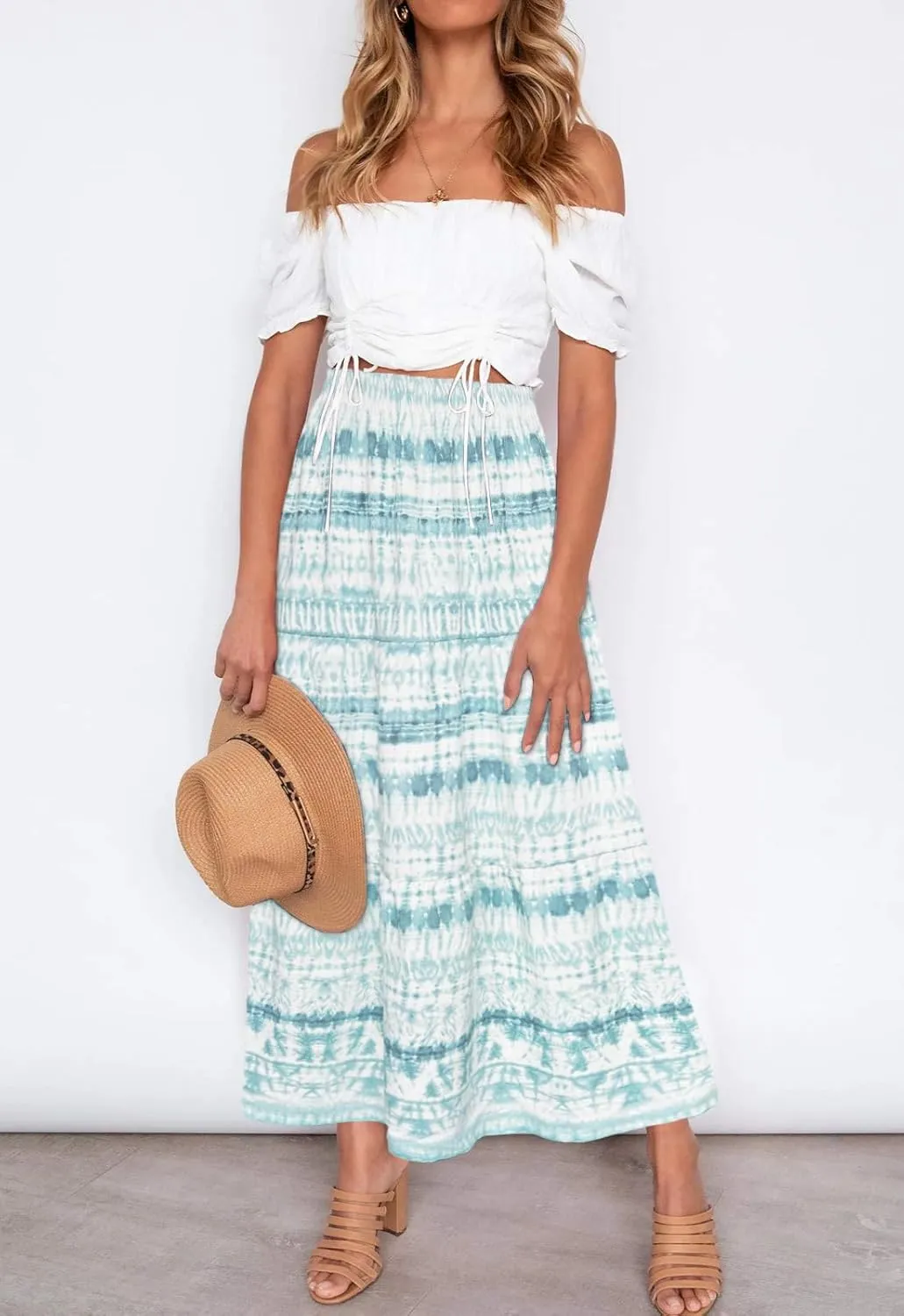 Annebouti Womens Spring Summer Boho Elastic Long Skirts High Waist Pleated A Line Tiered White or Black Maxi Skirt