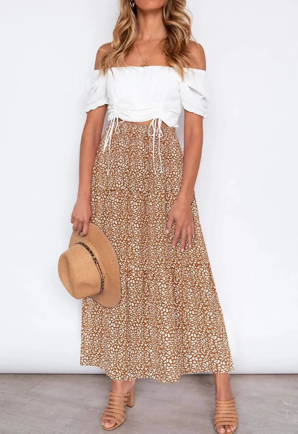 Annebouti Womens Spring Summer Boho Elastic Long Skirts High Waist Pleated A Line Tiered White or Black Maxi Skirt