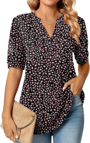 Anyally Womens Summer/Spring Puff Short Sleeve Tops Dressy Casual V-Neck T-Shirts Cute Blouse for Work