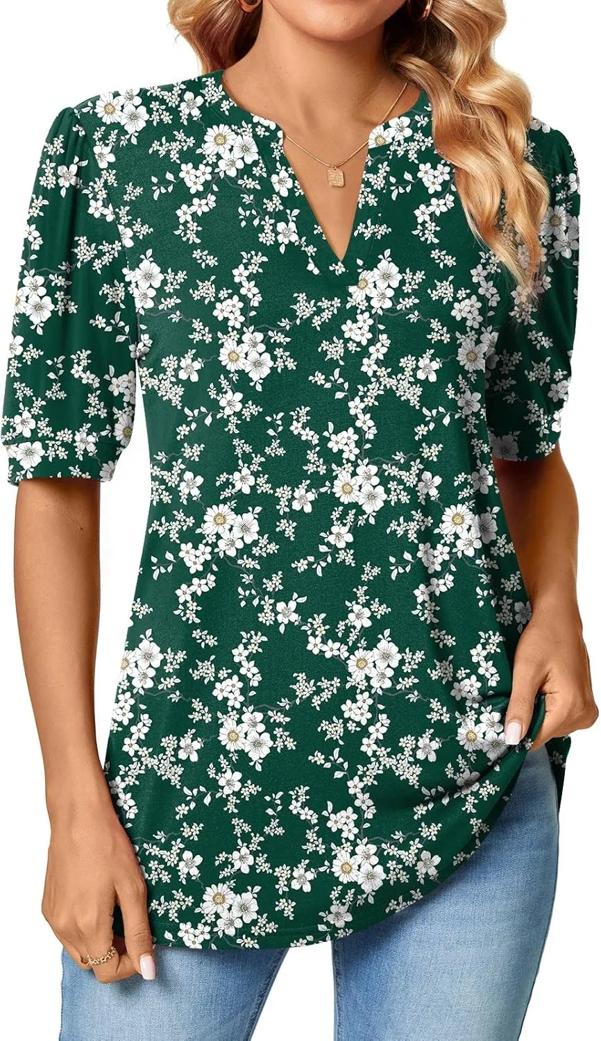 Anyally Womens Summer/Spring Puff Short Sleeve Tops Dressy Casual V-Neck T-Shirts Cute Blouse for Work