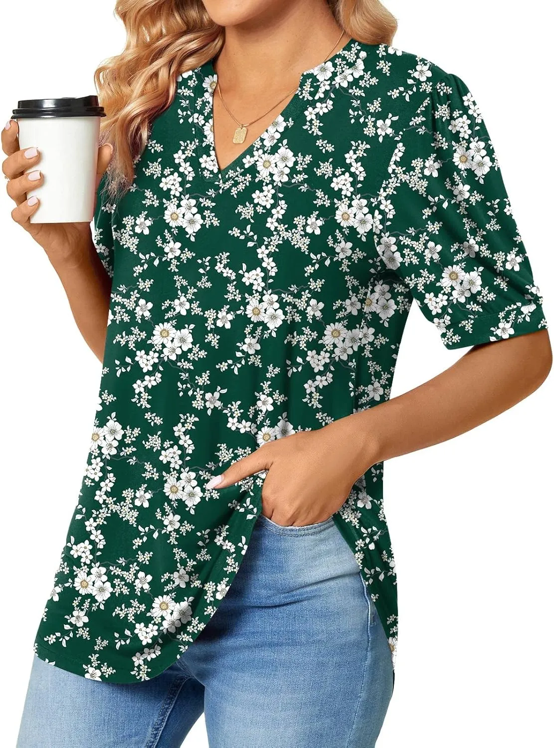 Anyally Womens Summer/Spring Puff Short Sleeve Tops Dressy Casual V-Neck T-Shirts Cute Blouse for Work
