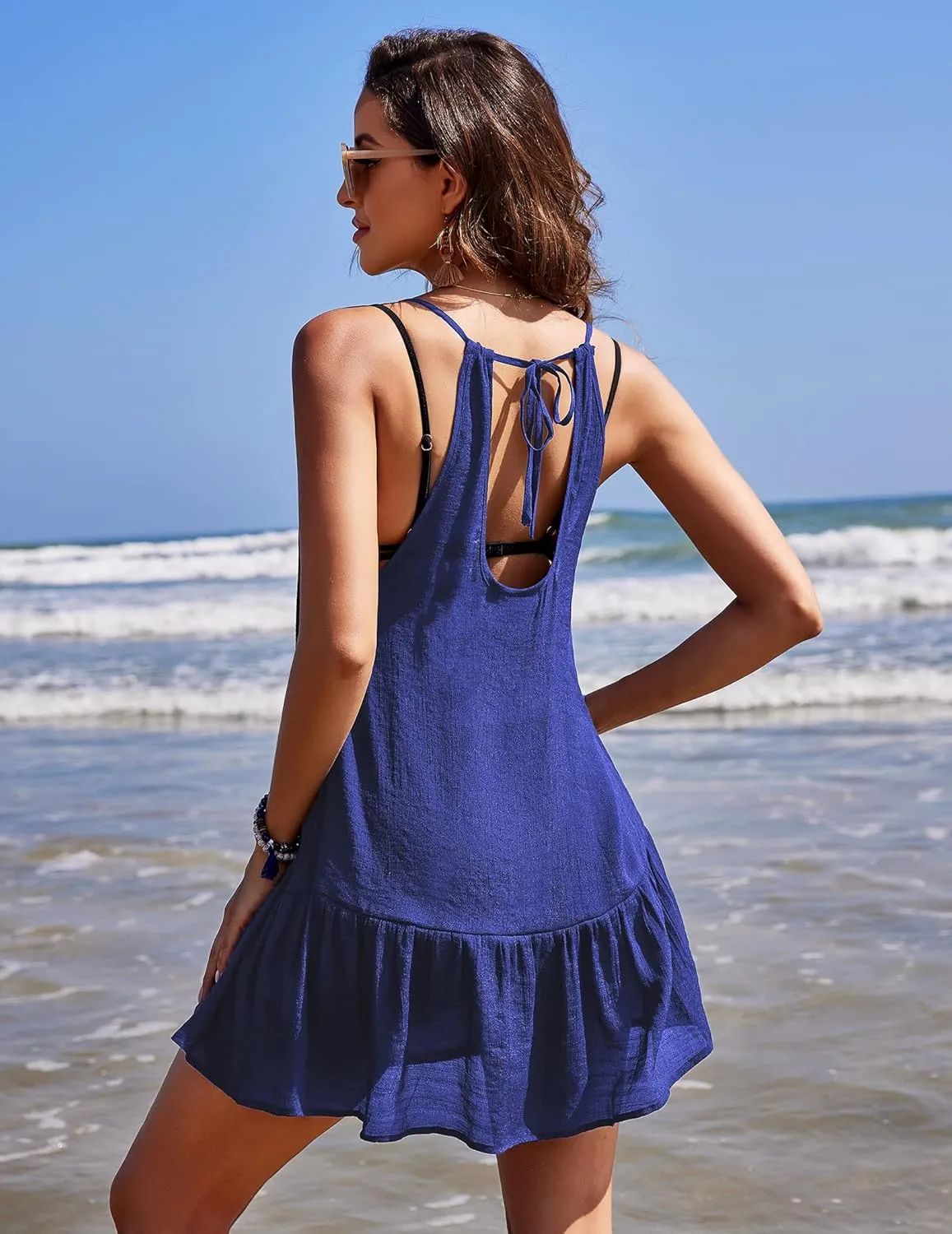 AOLRO Women's Swimsuit Cover Up Spaghetti Strap Backless Short Beach Bathing Suit Tank Dress with Ruffle Hem for Summer S-XXL