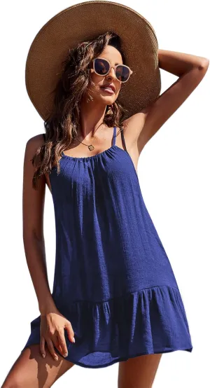 AOLRO Women's Swimsuit Cover Up Spaghetti Strap Backless Short Beach Bathing Suit Tank Dress with Ruffle Hem for Summer S-XXL