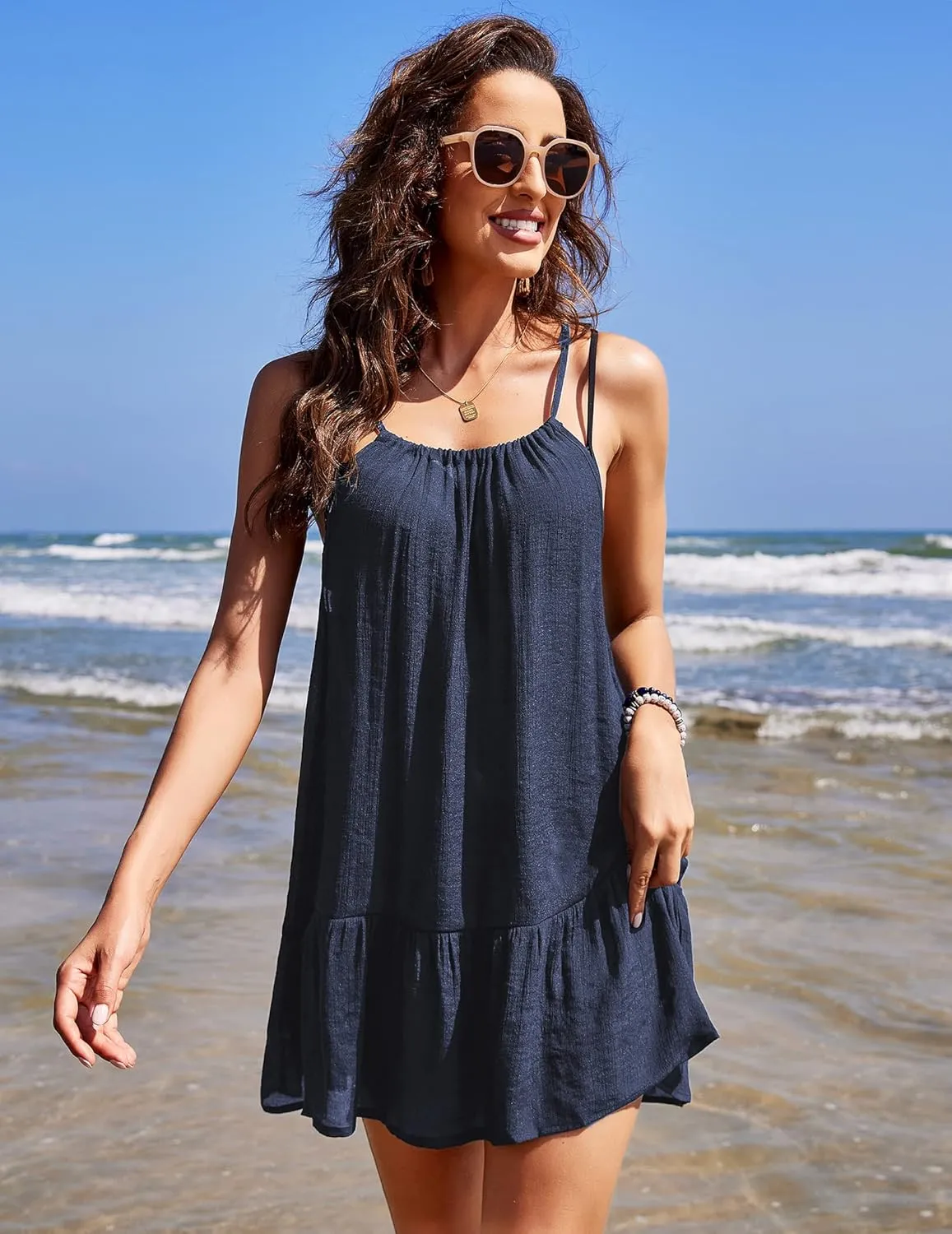 AOLRO Women's Swimsuit Cover Up Spaghetti Strap Backless Short Beach Bathing Suit Tank Dress with Ruffle Hem for Summer S-XXL