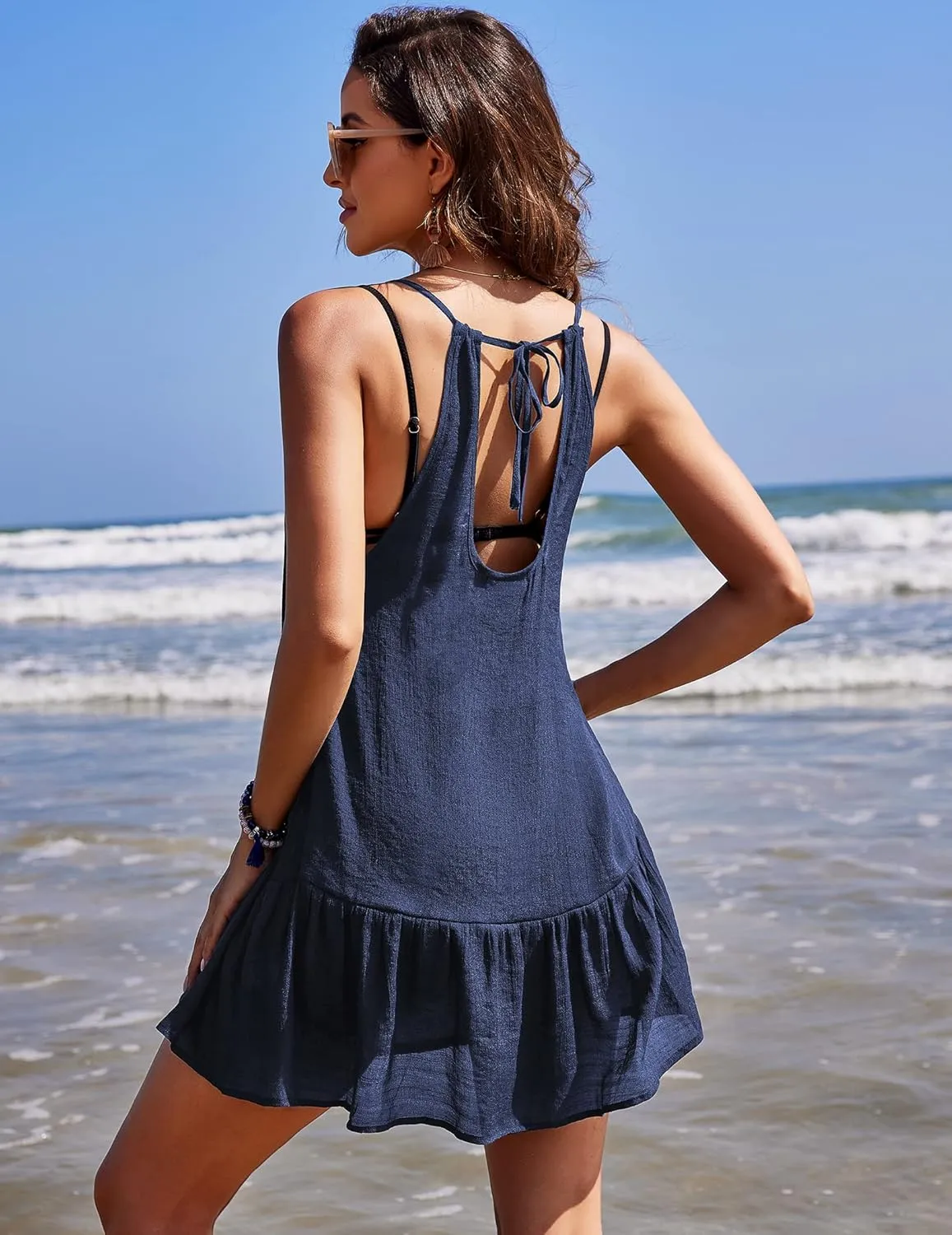 AOLRO Women's Swimsuit Cover Up Spaghetti Strap Backless Short Beach Bathing Suit Tank Dress with Ruffle Hem for Summer S-XXL