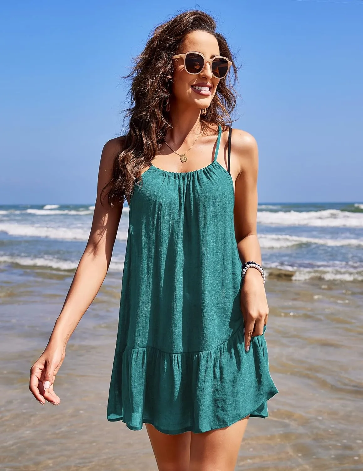 AOLRO Women's Swimsuit Cover Up Spaghetti Strap Backless Short Beach Bathing Suit Tank Dress with Ruffle Hem for Summer S-XXL