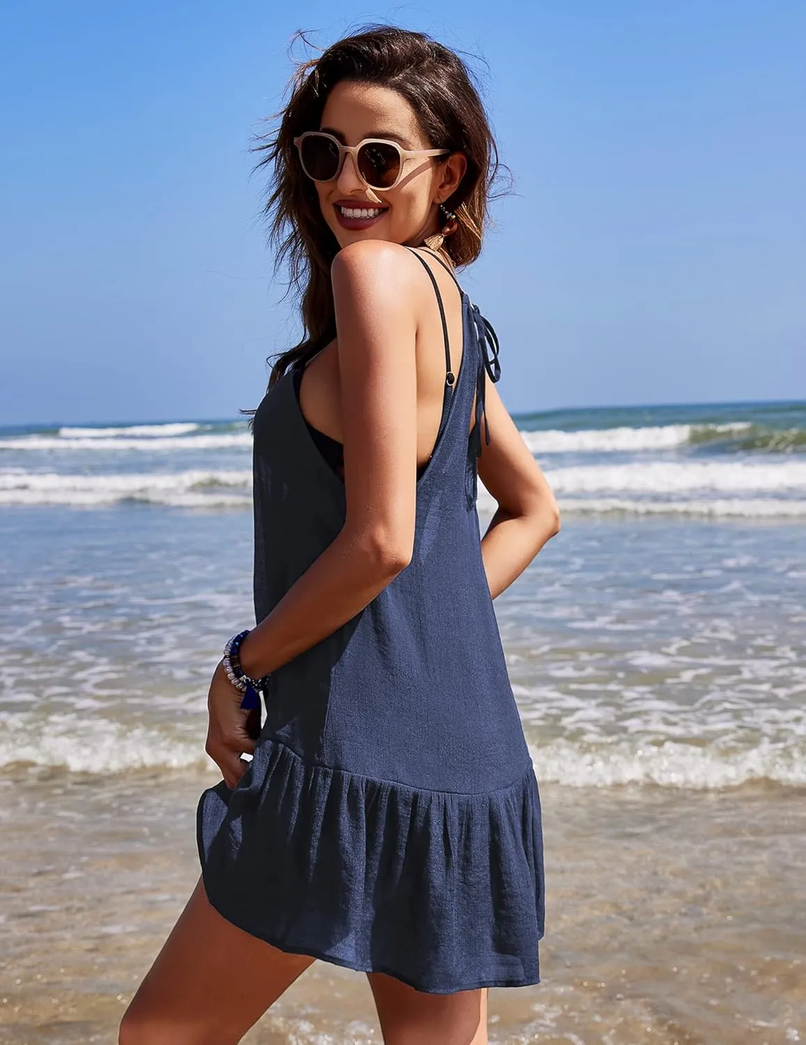 AOLRO Women's Swimsuit Cover Up Spaghetti Strap Backless Short Beach Bathing Suit Tank Dress with Ruffle Hem for Summer S-XXL