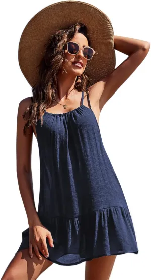 AOLRO Women's Swimsuit Cover Up Spaghetti Strap Backless Short Beach Bathing Suit Tank Dress with Ruffle Hem for Summer S-XXL