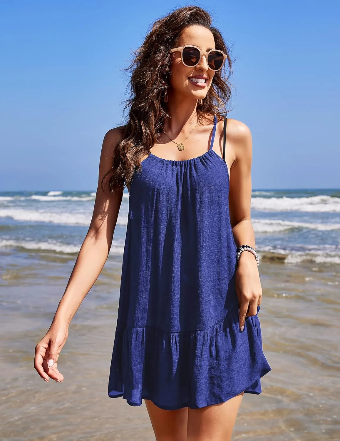 AOLRO Women's Swimsuit Cover Up Spaghetti Strap Backless Short Beach Bathing Suit Tank Dress with Ruffle Hem for Summer S-XXL