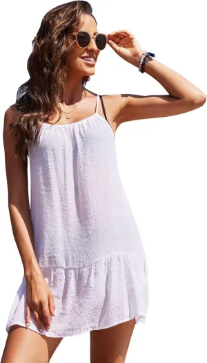 AOLRO Women's Swimsuit Cover Up Spaghetti Strap Backless Short Beach Bathing Suit Tank Dress with Ruffle Hem for Summer S-XXL