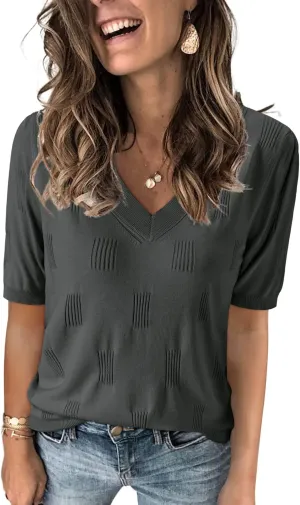 Arach&Cloz Women's Tops 2025 Spring Summer Short Sleeve Sweater Fashion Trendy Dressy Casual Outfit Versatile Knit Blouse