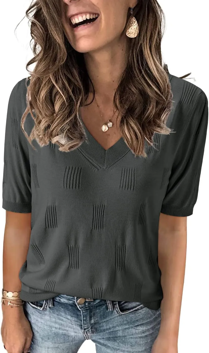 Arach&Cloz Women's Tops 2025 Spring Summer Short Sleeve Sweater Fashion Trendy Dressy Casual Outfit Versatile Knit Blouse