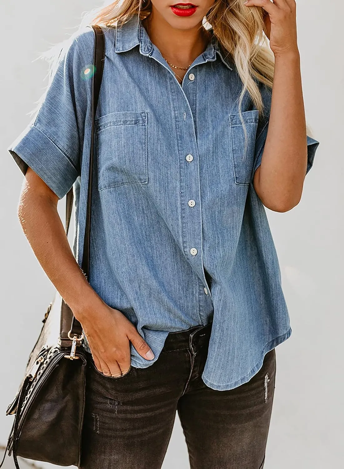 Astylish Womens Button Down Shirts V Neck Loose Casual Shirt