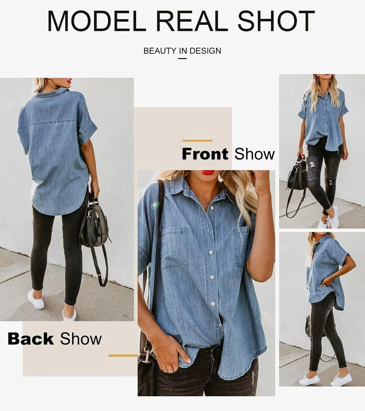 Astylish Womens Button Down Shirts V Neck Loose Casual Shirt