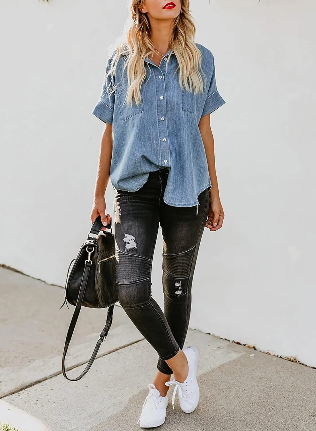 Astylish Womens Button Down Shirts V Neck Loose Casual Shirt