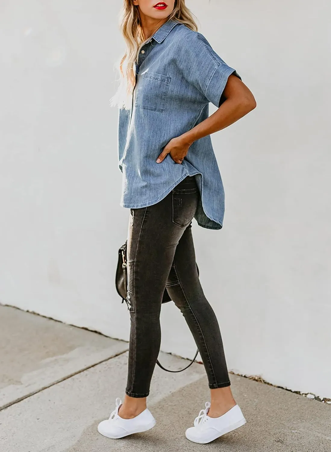Astylish Womens Button Down Shirts V Neck Loose Casual Shirt
