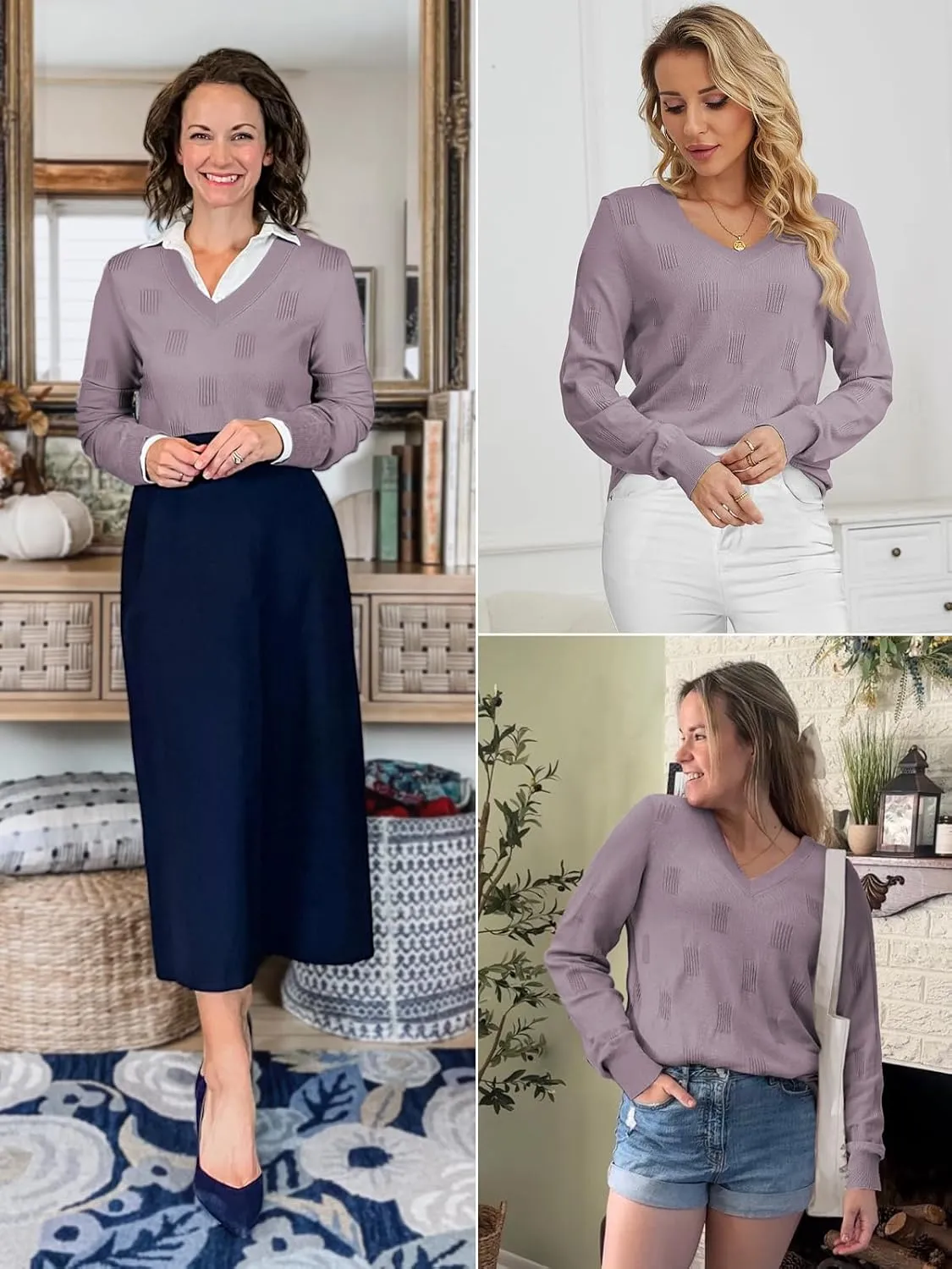 ATHMILE Women's Fall Tops 2025 Fashion Trendy Pullover Sweater V Neck Long Sleeve Shirt Knit Blouse Clothes Outfits