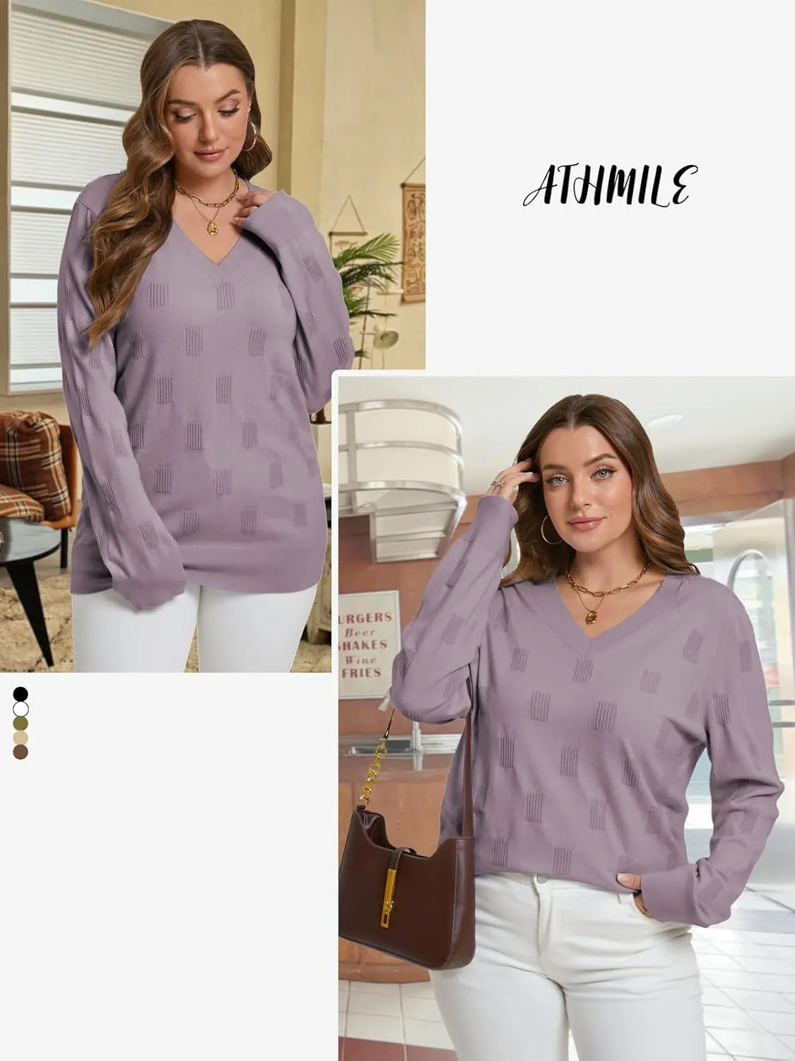 ATHMILE Women's Fall Tops 2025 Fashion Trendy Pullover Sweater V Neck Long Sleeve Shirt Knit Blouse Clothes Outfits