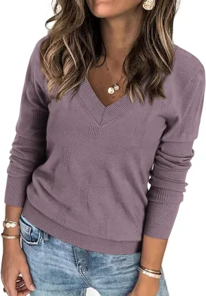 ATHMILE Women's Fall Tops 2025 Fashion Trendy Pullover Sweater V Neck Long Sleeve Shirt Knit Blouse Clothes Outfits