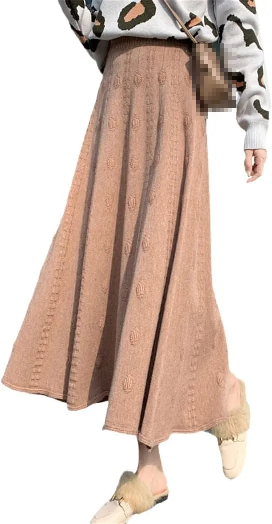 Autumn Winter Knitted Jacquard Midi Long Skirt, Women Korean Style Mid-Length High Waist Skirt